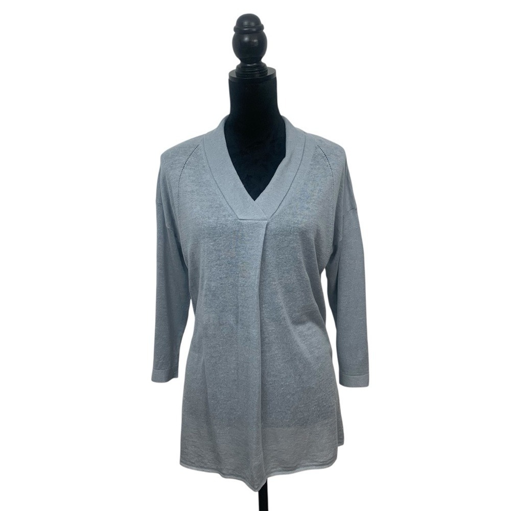 Poetry Women's Size‎ 12 Soft Gray 100% Linen V Neck Tunic Coastal Lagenlook